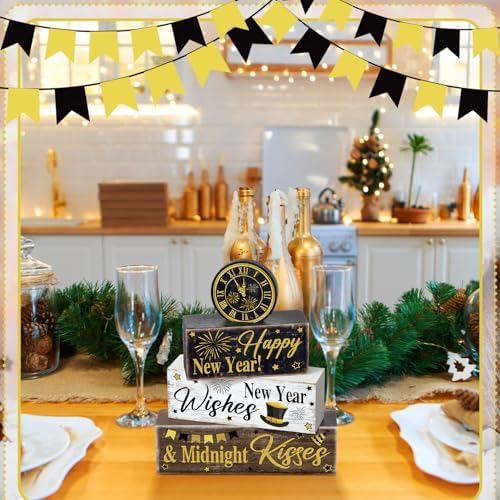 Moucuny 4 Pcs New Year Table Decorations, Happy New Year Wood Block Sign
