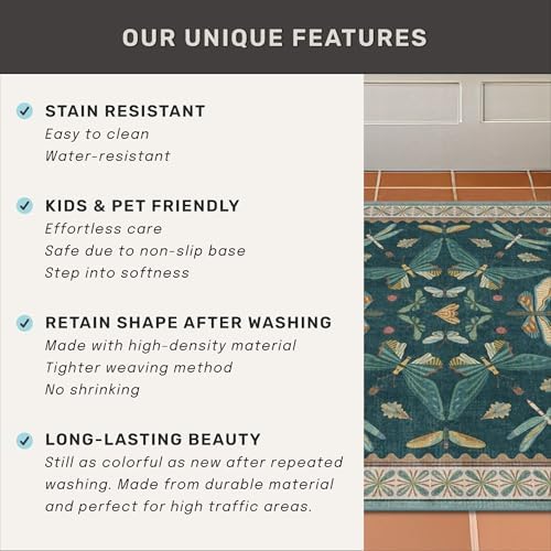 Teal 3x6 Entryway Rug, Washable Low Pile Door Rug for Kitchen & Living Room, Indoor Insect Décor Carpet