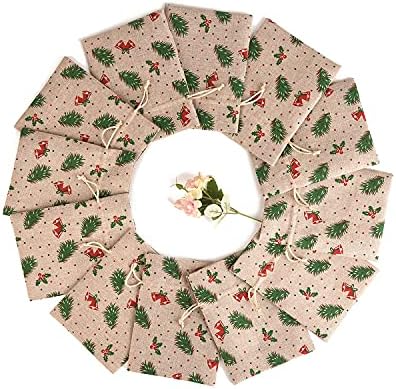 XCFWin 12 Pack Of Christmas Gift Bags With Drawstring Reusable Designs For Christmas Party Supplies Favors (pine branch, 13 * 18cm/5 * 7inch)