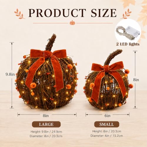 Lighted Fall Pumpkin Decor 2 Pack Rattan Pumpkins with Velvet Bow