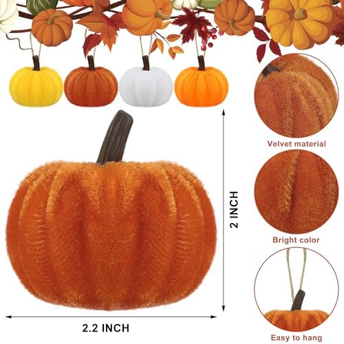 16 PCS Fall Thanksgiving Pumpkin Hanging Ornaments Velvet Fabric Pumpkin Hanging Small Tree Ornament 2.2" Orange Pumpkins Ball Tree Decoration for Fall Thanksgiving Home Farmhouse Harvest Party Decor
