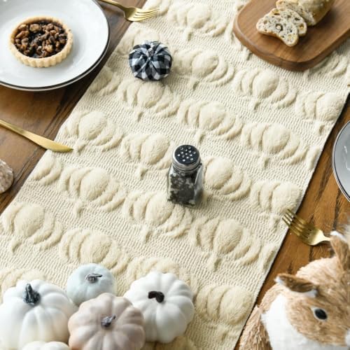 Artoid Mode Beige Soft Faux Fur Pumpkins Fall Table Runner 13x36 Inch