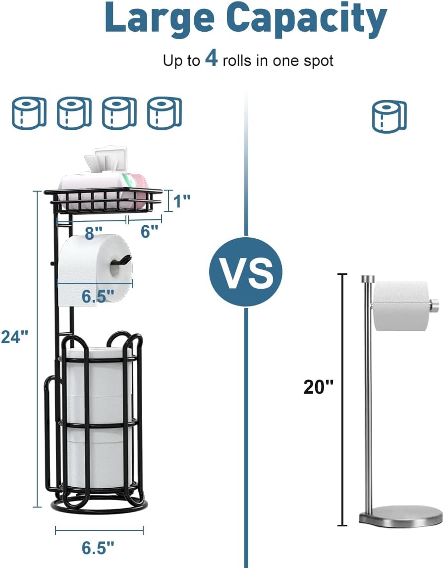 [Upgrade] Toilet Paper Holder Stand with Shelf Tissue Holders for Bathroom Free Standing Bath Tissue Roll Holder