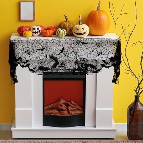 On-Airstore Halloween Mantle Scarf Pumpkin Bat Spider Web Fireplace Scarf Black Embroidered Lace Table Runner Mantle Cover for Halloween Fireplace Decoration Halloween Party Supplies 96 x 18 Inch