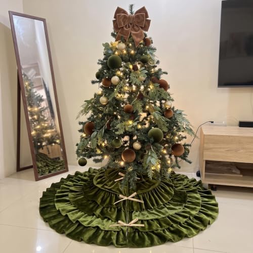 Velvet Christmas Tree Skirt, 48 Inches, 5-Tier Ruffle, Olive Green