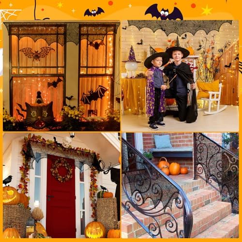 Halloween Fireplace Decoration Mantel Decoration, Cobweb Fireplace Scarf Black Lace Spiderweb Fireplace Mantel Cover for Halloween Party Supplies, Halloween Decorations Indoor Halloween Decor