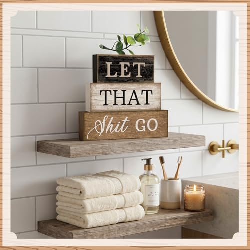 Moucuny 4 Pcs Wooden Block Signs Farmhouse Table Decoration for Bathroom