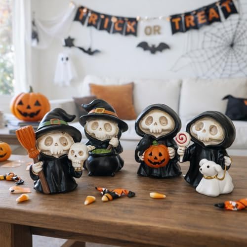Halloween Figurines Set of 4 Halloween Decorations Indoor Table Decor Mini Skeleton Figurines Witch Skull Resin Statues Shelf Mantel Tiered Tray Decor Cute Spooky