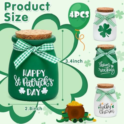 St Patricks Day Tiered Tray Decorations, 4 Pcs St. Patrick's Day Mini Mason Jars, Decorative Jars for St Patricks Day Table Decor, Tiered Tray Decor, Spring Green Table Decor