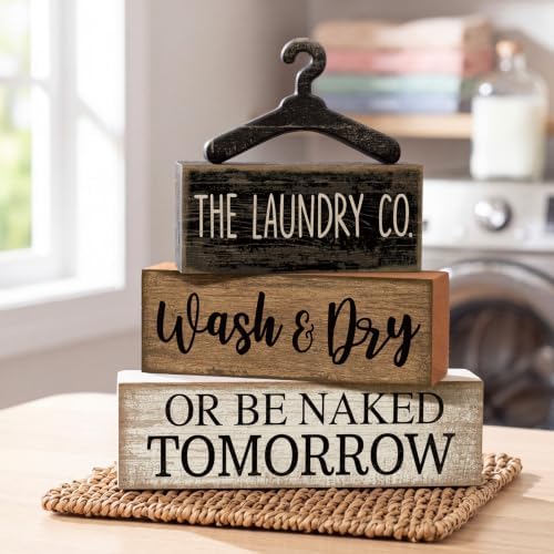 Moucuny 4 Pcs Farmhouse Laundry Room Decor Stacked Blocks Rustic Home Decor