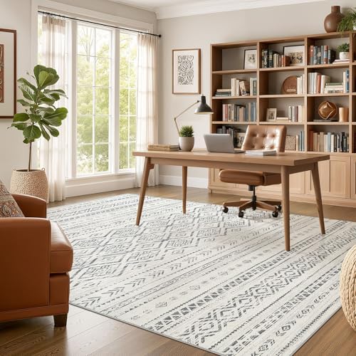 Nakagishi Area Rug Living Room Rugs: 9x12 Large Soft Machine Washable Boho Moroccan FarmNeutral Stain Resistant Indoor