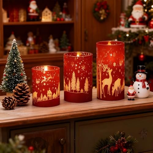 Wondise Red Christmas Reindeer LED Flameless Candles with Remote Timer
