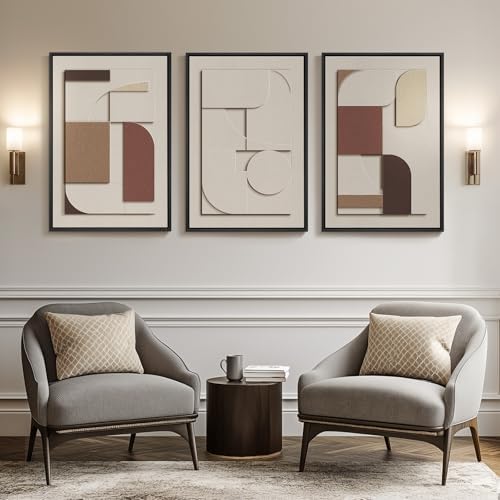 Large 3D Textured Neutral Abstract Framed Wall Art for Living Room, 3 Piece
