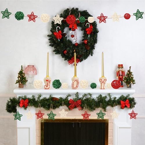 Lucleag 36Pcs Christmas Rattan Balls Star Decorations, Red White Green Natural Wicker Balls Star Ornament Vase Filler DIY Craft with Hemp Rope for Xmas Tree Home Table Decorations Party Supplies