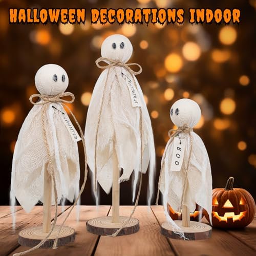 Wooden Ghost Halloween Decorations Indoor– Set of 3 Sizes Rustic Shelf Sitters with Fabric Ghost Figures – Halloween Table Decor for Tiered Tray, Mantel, Halloween Party Supplies（White）