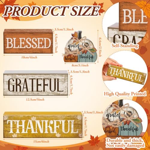 Lineshading 4 Pcs Stacked Pumpkin Block Signs, Fall Thanksgiving Decor