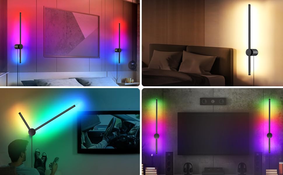 RGB LED Wall Sconces Set of Two with Remote, 15 Color Modes, Dimming, DIY 180° Rotate, Black Plug in Wall Sconces with