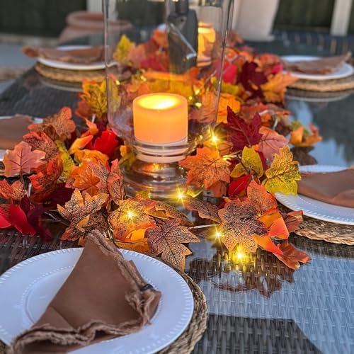 CQURE 12 Pack Fall Leaf Garland,Artificial Fall Vines Autumn Garland Fall Maple Leaves Thanksgiving Decor for Home Wedding Fireplace Christmas(Light..)