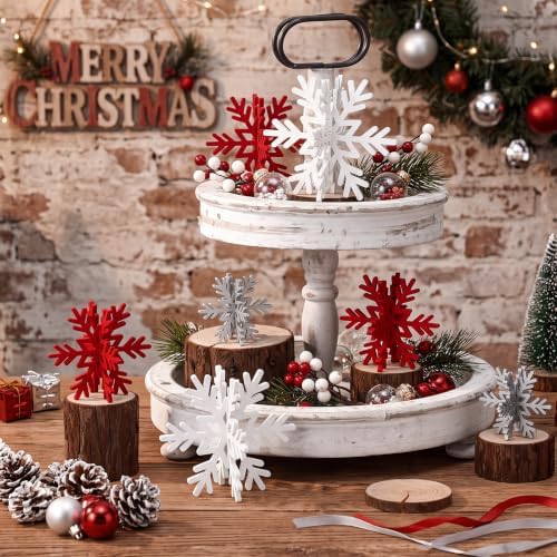 Bucherry 12 Pcs Wooden Snowflakes Table Decor,White, Red, Gray