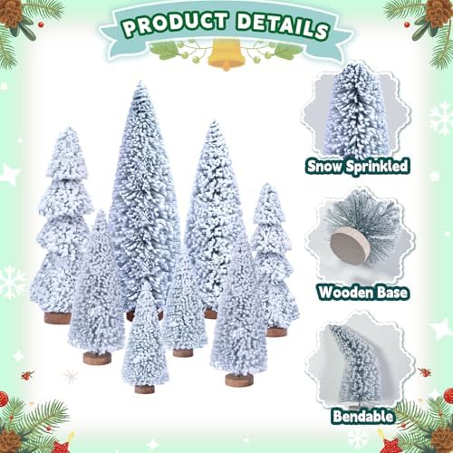 AerWo 8Pcs Mini Christmas Trees Flocked Bottle Brush Christmas Trees 4''-10'' with Wooden Bases, Small Xmas Tree for Tabletop Xmas Decor Village Crafts Winter Holiday Table Decorations