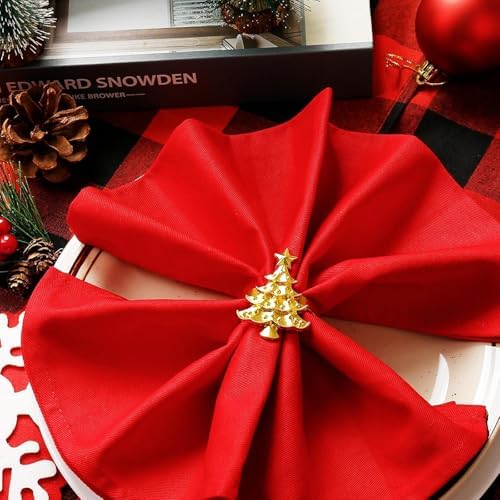 Gold Christmas Tree Napkin Rings Set of 6, Metal Winter Xmas Napkin Holders Wedding Dinner Home Table Decorations Winter Christmas Decors