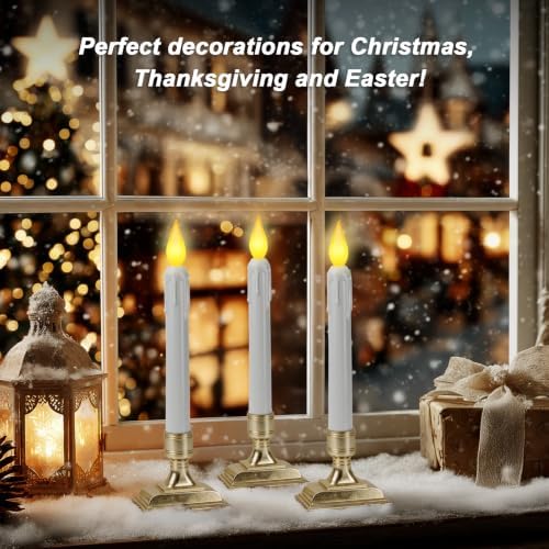 6 Pcs Sensor Dawn to Dusk Window Candles, Flameless Battery Candles for Windows, Led Candlesticks with Gold Holders, Flickering Candle Lights for Xmas Home Decor, Warm Yellow Light
