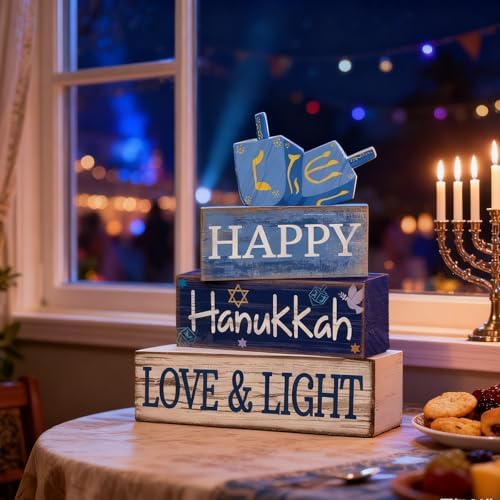 Lineshading 4 Pcs Wooden Hanukkah Decor Farmhouse Blocks with Dreidel