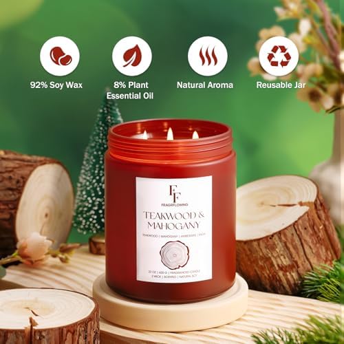 Teakwood & Mahogany Large Christmas Scented Candle, 3-Wick 22oz Long Lasting Scented Candle, Natural Soy Wax