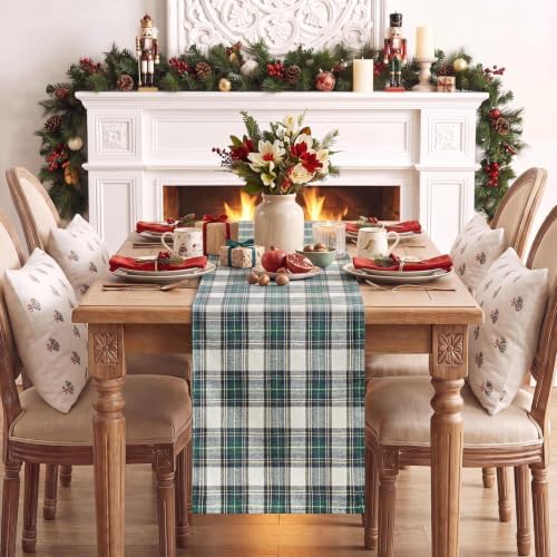 Softalker Christmas Checkered Table Runner, Green and White, 13 x 48 Inch