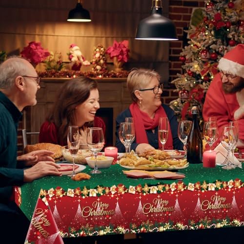 3-Piece 54 x 108 Inch Merry Christmas Plastic Tablecloth - Red and Green Design with Christmas Tree Holiday Decorations, Disposable Rectangle Table Cover for Xmas Party Supplies, Indoor Outdoor Decor