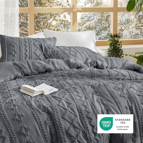 Bedsure Tufted Boho Comforter Set California King Size - Grey Boho Bed Set, GentleSoft™ 3 Pieces Farmhouse-Style
