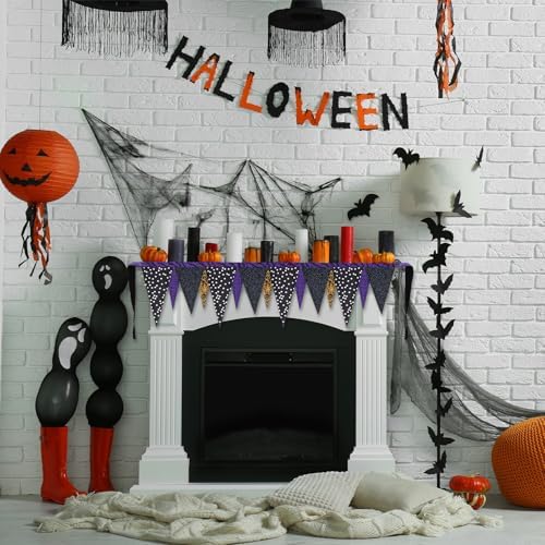 VitalCozy Halloween Fireplace Mantel Scarf Purple Orange Black,Spider Web