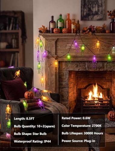 8.5FT 10 LED Outdoor Halloween Skeleton String Lights Plug In, Waterproof