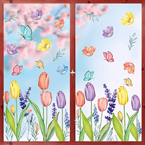Horaldaily 67 PCS Spring Summer Window Cling Sticker, Tulip Butterfly Flower Decal for Home Party Supplies Shop Glass Display Decoration