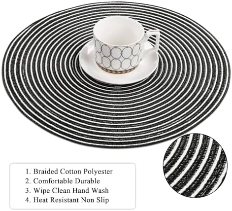 SHACOS 15 inch Round Braided Placemats Set of 6 Non Slip Washable Fabric Kitchen Table Place Mats Heat Resistant Table Mats for Home Wedding Party, Black White