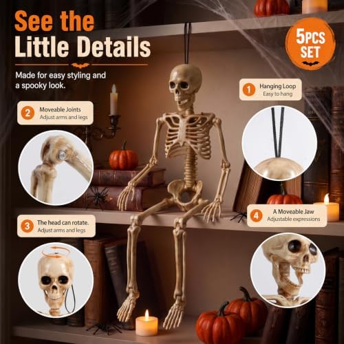5 Pack 16 Inch Halloween Skeleton Decoration Spooky Prop for Indoor Outdoor