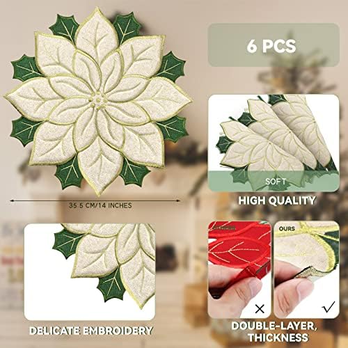 Christmas Green Poinsettia Placemat Set of 6, 14 Inch Embroidered Table Mat