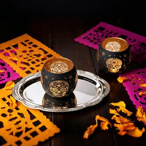Day of Dead Skull Glass Votive Set, 6-Pack Black Halloween Candle Holder