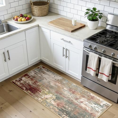 RELEANY Washable 2'x5' Abstract Area Rug for Living Room Rustic Brown