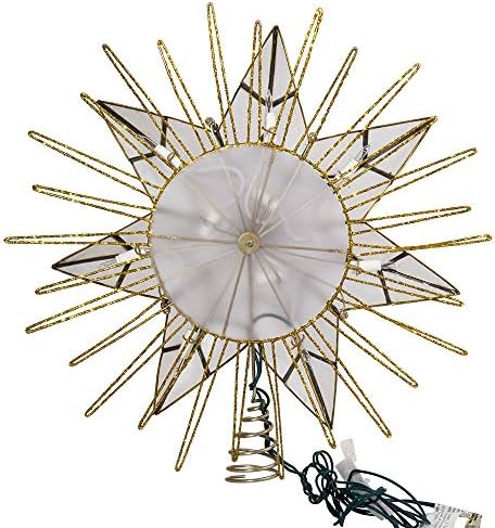 Kurt Adler 12" 7-Point Natural Capiz Lighted Tree Topper | Christmas Tree Star Topper | Gold Tree Topper Star with Lights | Light Up Star Christmas Tree Topper w/Wire Rays Accent (12 Inches, Gold)