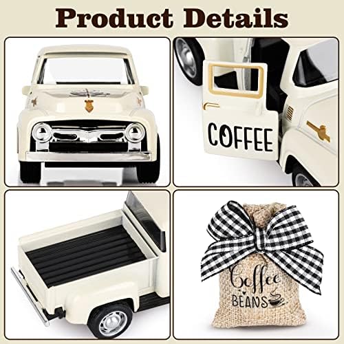 Hooqict Coffee Bar Decor Mini Metal White Truck with Beans Burlap Sack for Home Farmhouse Kitchen Tiered Tray Decor Coffee Bar Accessories Coffee Station Decorations