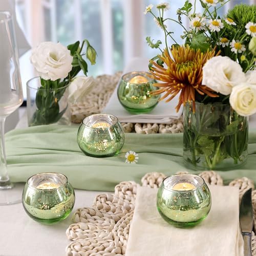 Volens Round Green Votive Candle Holder Set of 12, Mercury Glass Votives