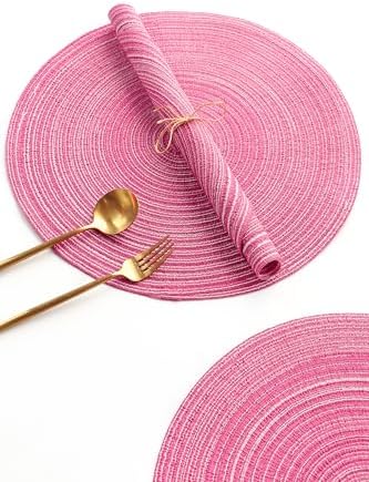 Floroom 15 Inch Round Braided Placemats Set of 4, Washable Heat Resistant Cotton Polyester Circle Place Mats for Kitchen Dining Table - Berry Pink