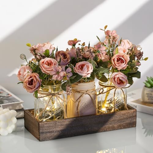 3 Pcs Mason Jar Centerpiece Table Decorations for Dining Table Decor Farmhouse Coffee Table Decor with Wood Tray and