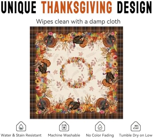 Thanksgiving Tablecloth Square 52x52 Inch, Stain Resistant Machine Washable Fabric Polyester Turkey Harvest Table Cloth Square Thanksgiving Tablecloth Table Cover for Kitchen Dining Party
