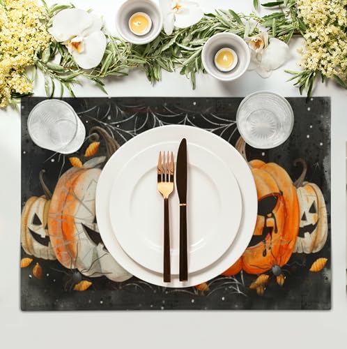Halloween Pumpkins Spider Web Placemats Set of 4 Black Gray Scary Pumpkin Fall Linen Table Place Mat 12x18 Inch Seasonal Heat Resistant Table Mats for Party Kitchen Dining Decoration