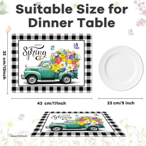 Happy Spring Placemats Set of 6 Black White Plastic Table Mat 17×13×0.04in