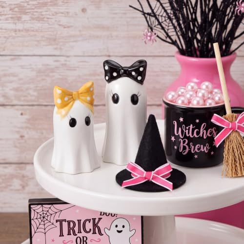 Set of 2 Halloween Ghost Figurines, White Ceramic Ghost Statue with Bowknot