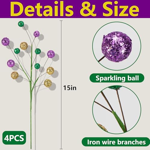 Watayo 4 Pack 15" Large Mardi Gras Ball Centerpiece Stems, Mardi Gras Artificial Glitter Berry Stems Ornaments, Shiny Purple Gold Green Berry Branches Twigs Picks Sprays for Carnival Party Home Decor
