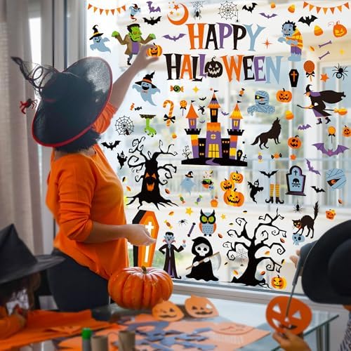 116PCS Halloween Window Clings, 9 Sheets Halloween Decorations, Cute Witch Tree Zombie Ghost Patterns PVC Window Stickers for Treat or Trick Party Favors Decal Supplies Decor Accessories